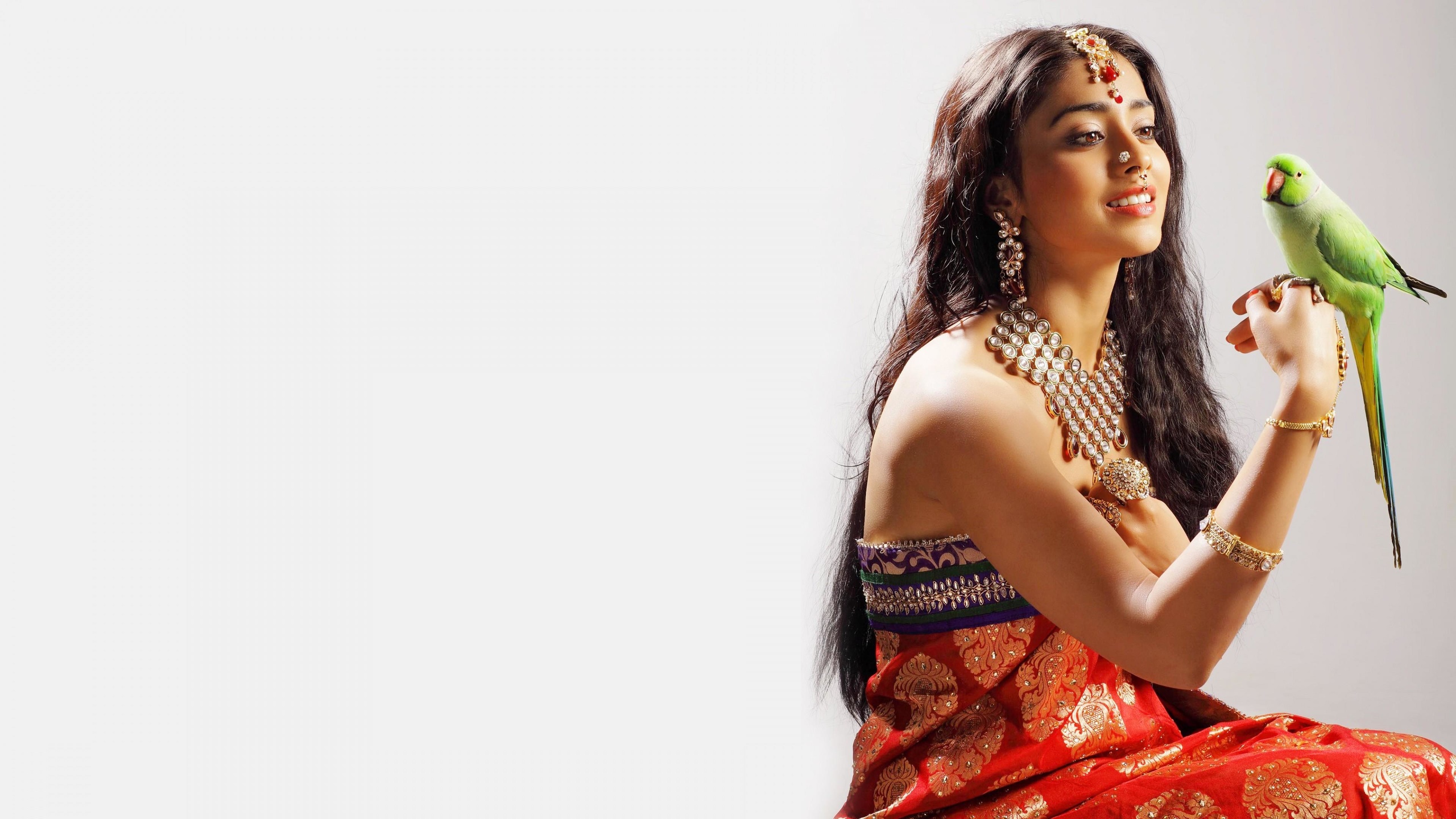 Femme indienne en habits traditionnels avec un perroquet